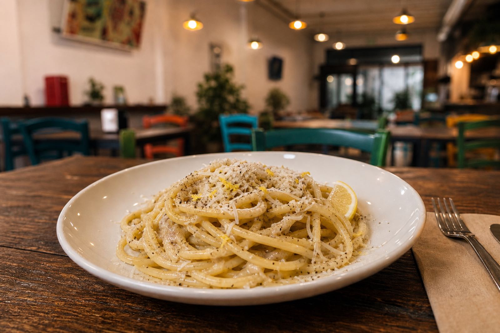 Spaghettone cacio e pepe con scorza di limone su tavolo di legno