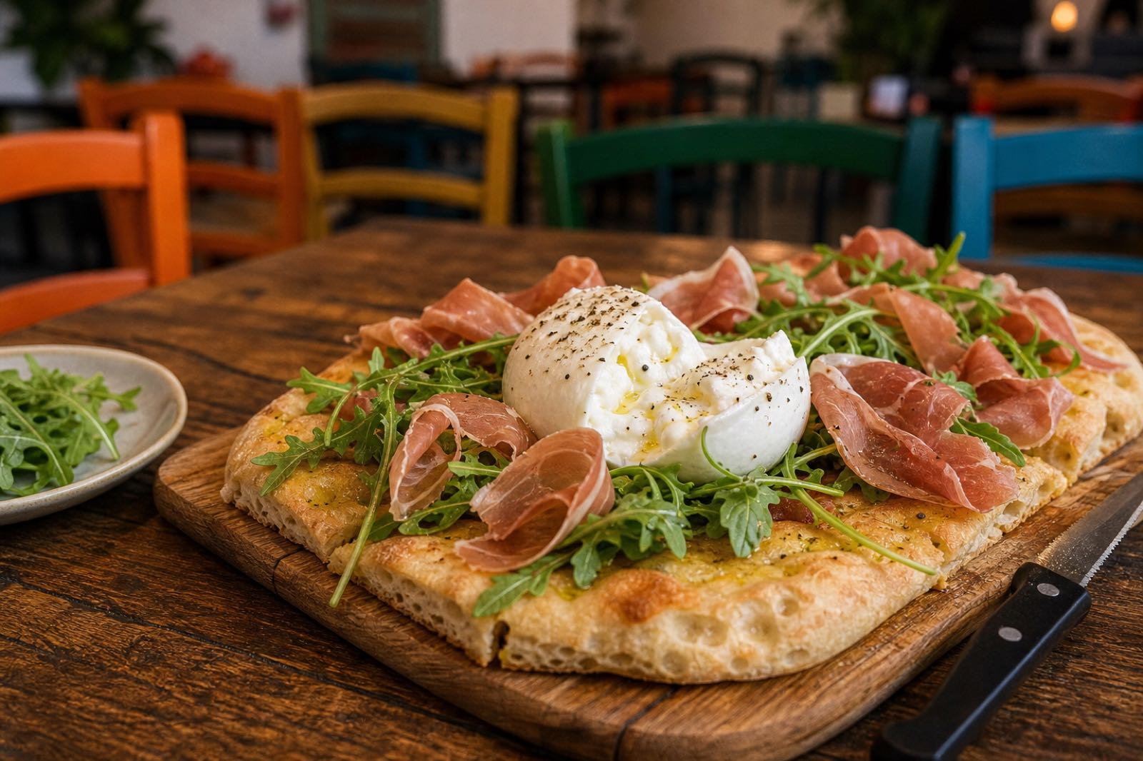 Focaccia pugliese con burrata, prosciutto crudo e rucola